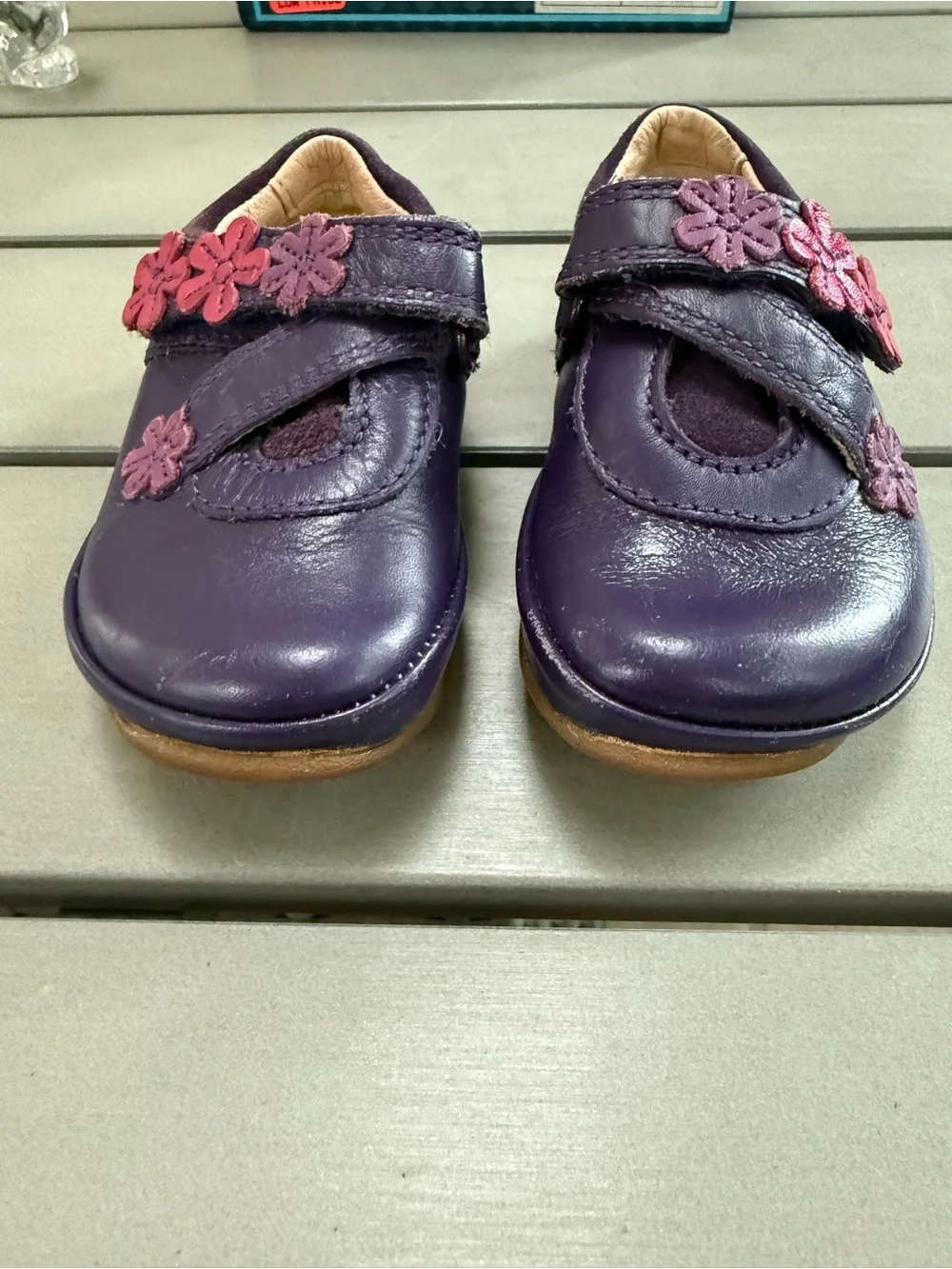 Clarks Kids Purple Leather Mary Jane Shoes with Pink Flower Accents, 4.5 month